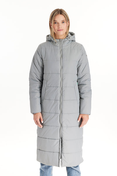 Long maternity puffer coat with extender panel waterproof grey jacket